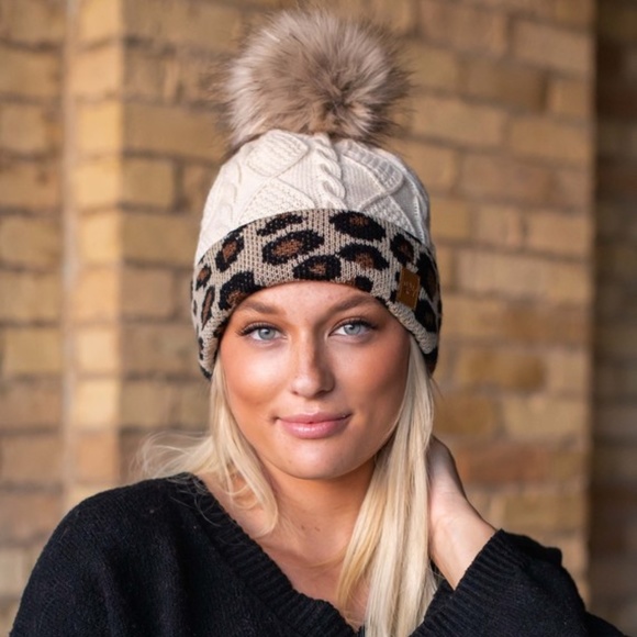 Accessories - SOLD OUT Ivory Leopard Cuff Cable Knit Fleece Lined Beanie